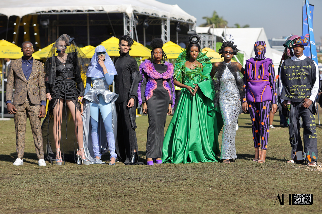A group of models dressed in garments by African Fashion International during the Hollywoodbets Durban July 2023.