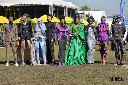 A group of models dressed in garments by African Fashion International during the Hollywoodbets Durban July 2023.