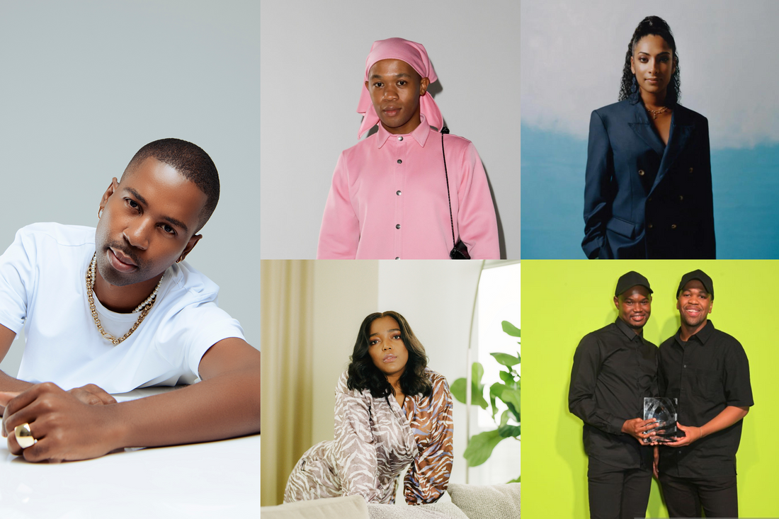 A collage of fashion designers: Taibo Bacar, Thebe Magugu, Priya Ahluwalia, Mmuso Maxwell and Hanifa