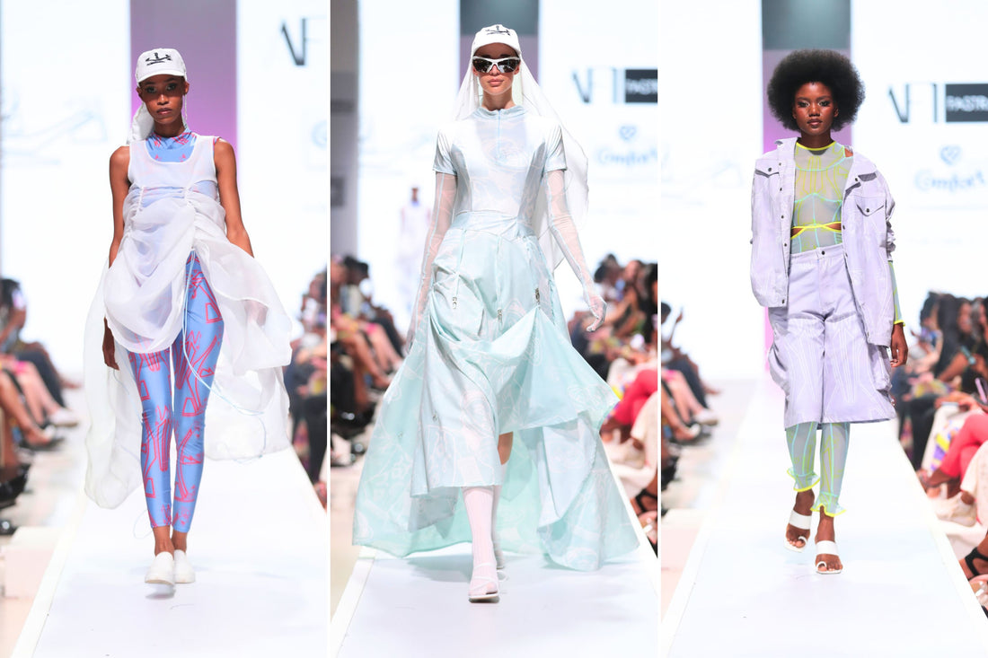 Models presenting Loice Dube's collection for Lo'Ice at Joburg Fashion Week 2023.
